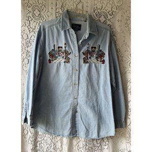 Vintage 90s Frogs Quizz New York Denim Long Sleeve Shirt Embroidered Women’s Med